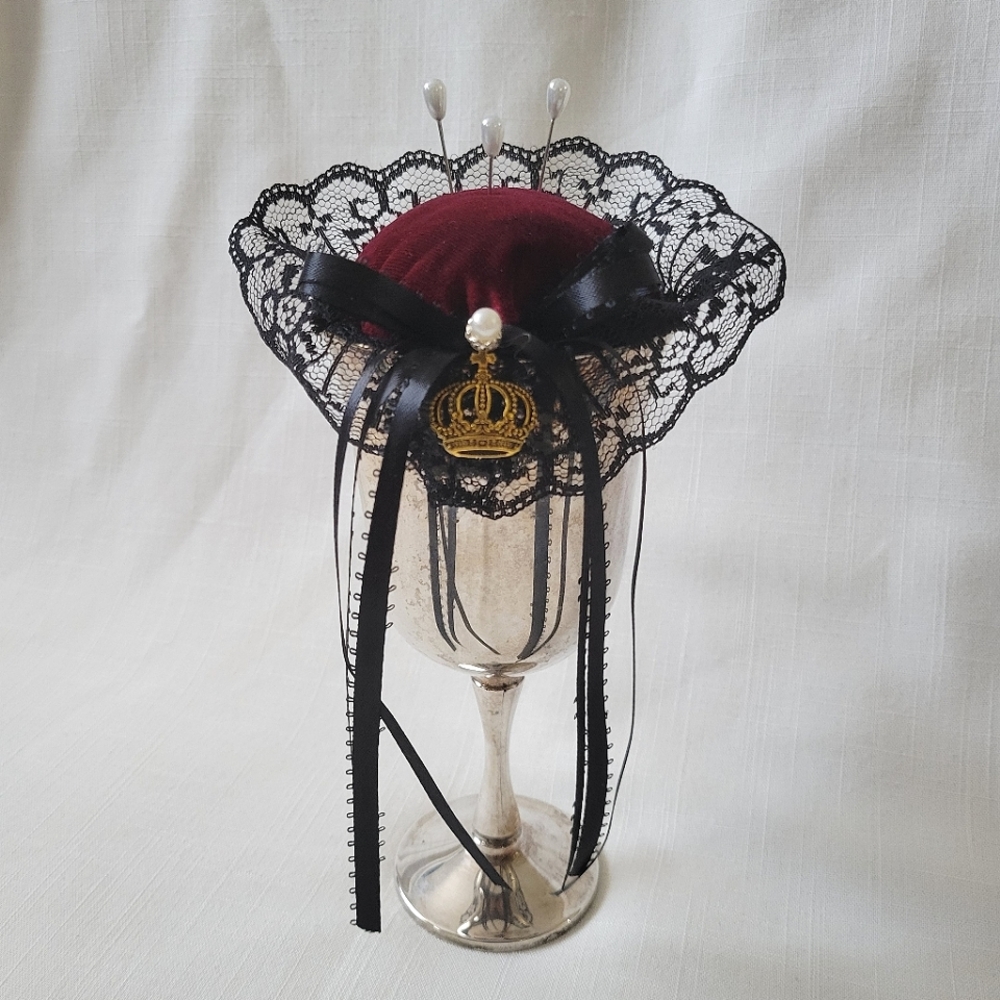Gothic Silver Goblet Pin Cushion *Handmade with Burgundy Velvet & Black Lace